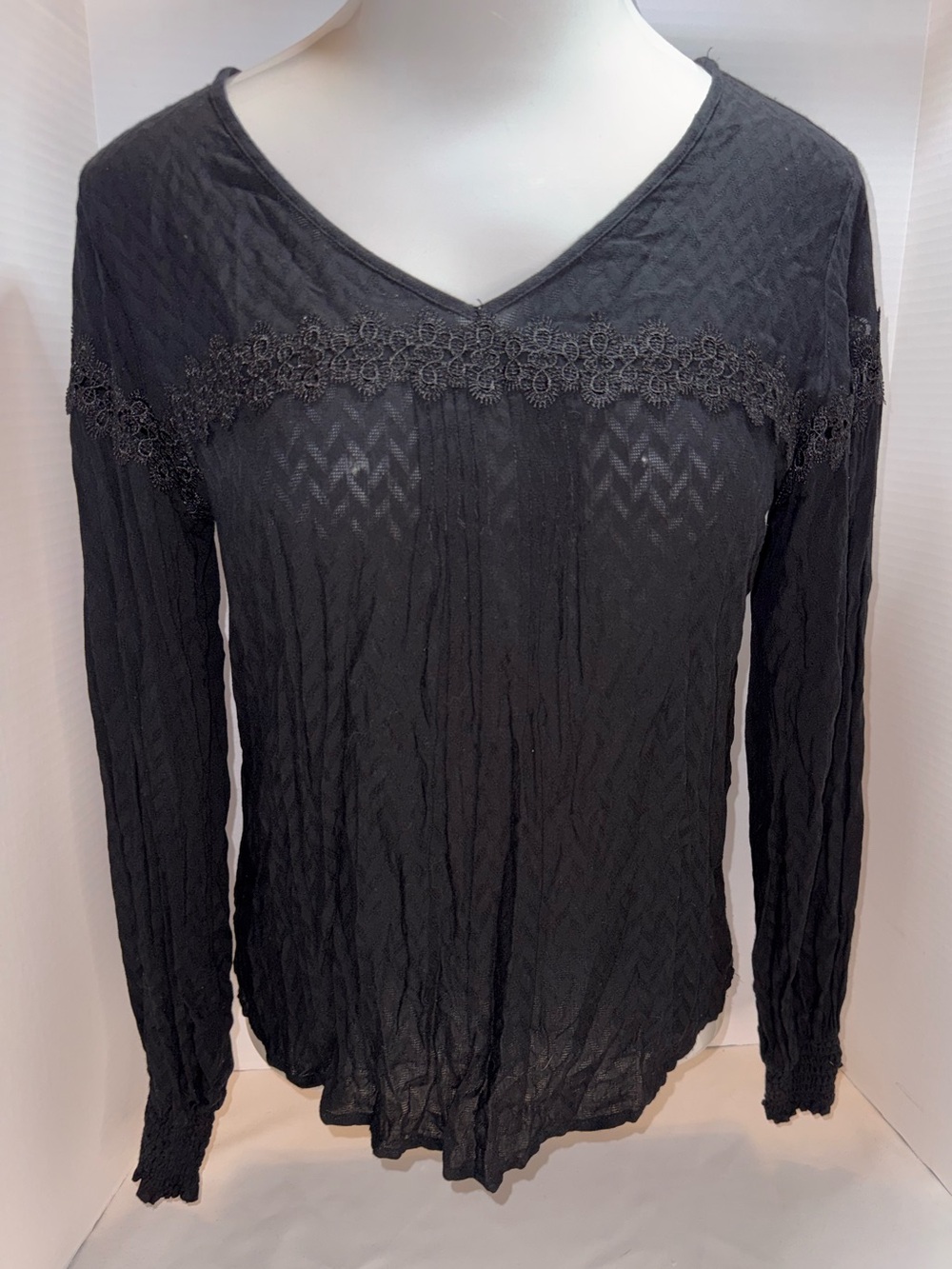 a new day Black Lace-Trim V-Neck Long Sleeve Top